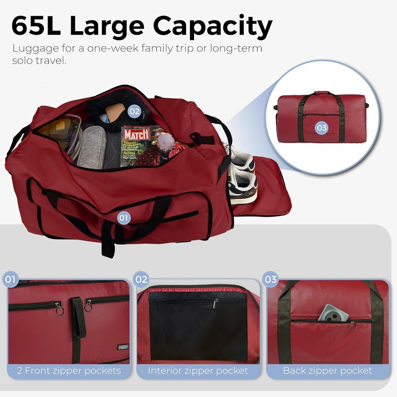 Fmeida 65L Duffle Bag with Shoes Compartment, Foldable Travel Duffel Bags for Men Women, Large Packable Travel Bag Water Repellent & Tear Resistant (Red) - Image 4